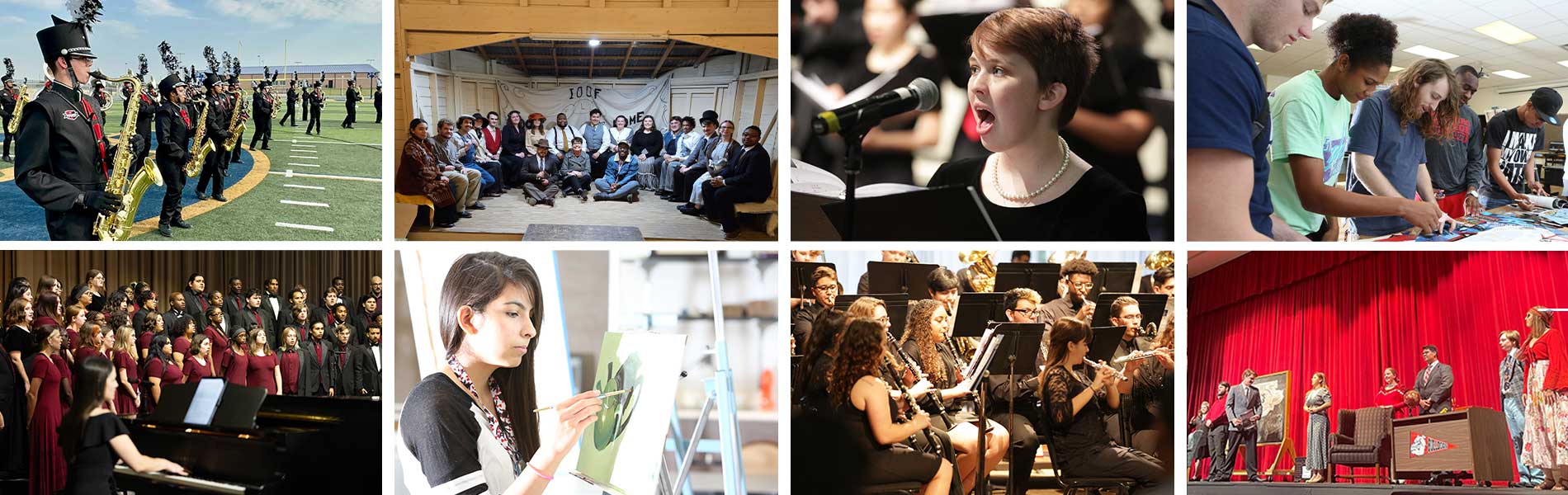 Department of Fine Arts 8-picture collage of students in choir, theatre, band and visual arts
